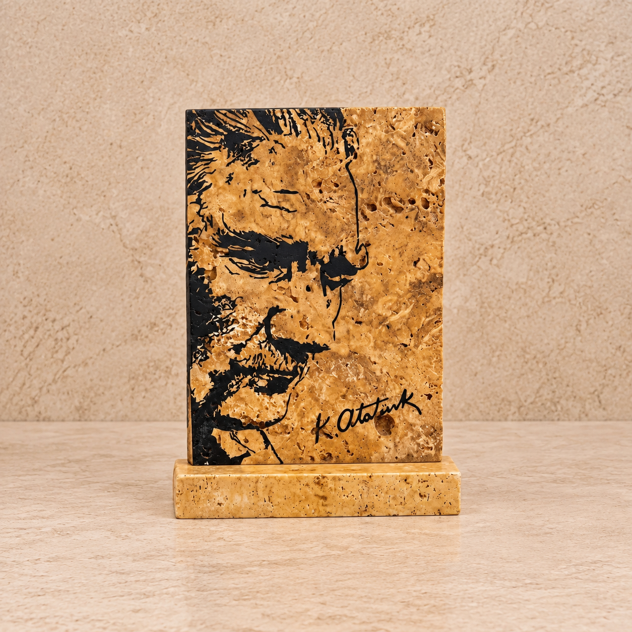 Doğal Taş Atatürk Portresi ve İmzalı Kaideli Masaüstü Sanat Objesi